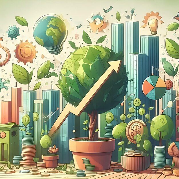 Ilustração artística de uma árvore em vaso crescendo com moedas, gráficos e elementos ecológicos ao redor de prédios, representando finanças verdes e desenvolvimento sustentável.
