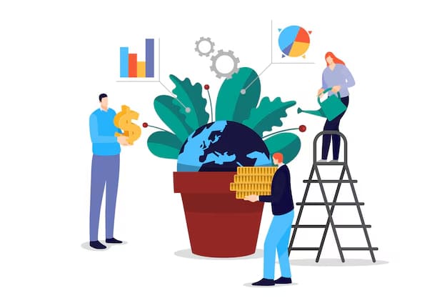 Ilustração de pessoas em volta de um vaso com a Terra e plantas crescendo, adicionando moedas e regando, simbolizando investimento sustentável e crescimento financeiro global.