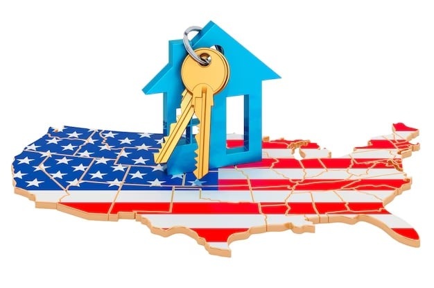 Ilustração de uma chave dourada pendurada em uma estrutura azul em formato de casa, posicionada sobre o mapa dos Estados Unidos com a bandeira estampada, representando aquisição de propriedades no setor de US Real Estate.