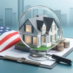 Casa em miniatura sob uma lupa, ao lado de pilhas de moedas, caneta e bandeira dos Estados Unidos, simbolizando análise e investimento em imóveis no mercado de US Real Estate.