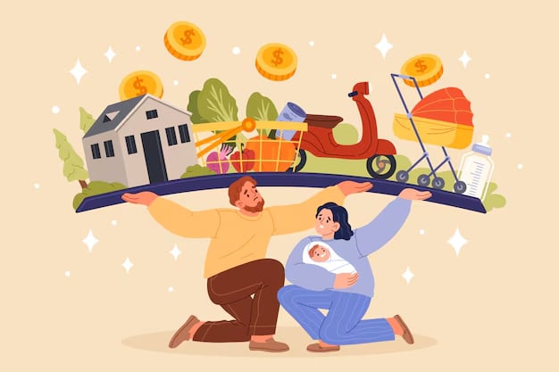 Ilustração de um casal com um bebê equilibrando custos familiares, como casa, compras, transporte e cuidados infantis, simbolizando os desafios do orçamento doméstico.
