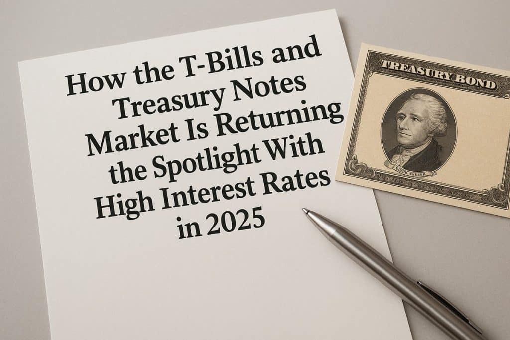 A close-up of two U.S. Treasury certificates labeled “Treasury Note” and “Treasury Bill” placed on a document with the headline “HOW THE T-BILLS AND TREASURY NOTES MARKET IS RETURNING TO THE SPOTLIGHT HIGH INT EEREEST RATES IN 2025.” The headline contains typographical errors. Beside the papers is a small stack of U.S. quarters. The image visually represents the renewed investor interest in government-backed securities amid rising interest rates.