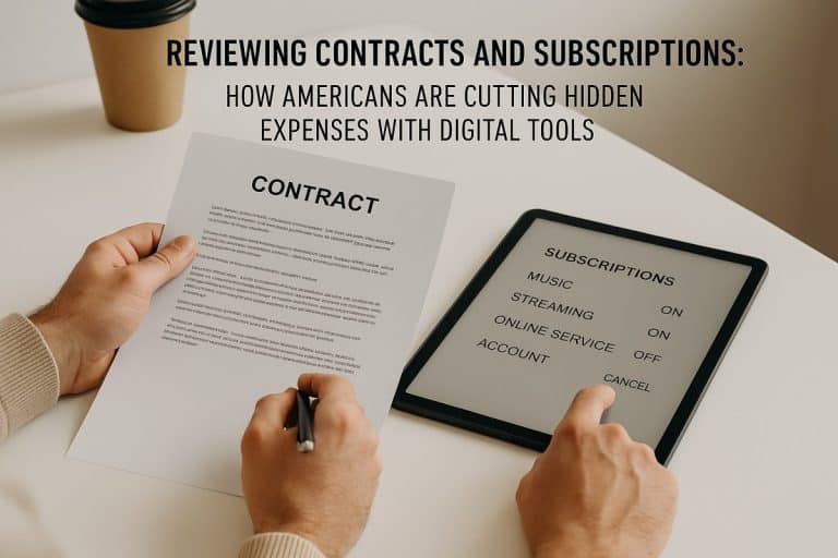 Close-up of hands holding a pen and a printed contract next to a tablet displaying a subscription management screen with options for music, streaming, and online services toggled on or off. A coffee cup is visible in the background. The image conveys the idea of reviewing digital subscriptions to reduce hidden expenses.