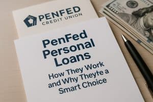 Photo showing a brochure titled “PenFed Personal Loans — How They Work and Why They’re a Smart Choice,” placed on a light wooden desk beside a black pen and a stack of hundred-dollar bills. The PenFed Credit Union logo appears on the top paper. The image represents financial planning, personal loans, and trust associated with PenFed personal loans.