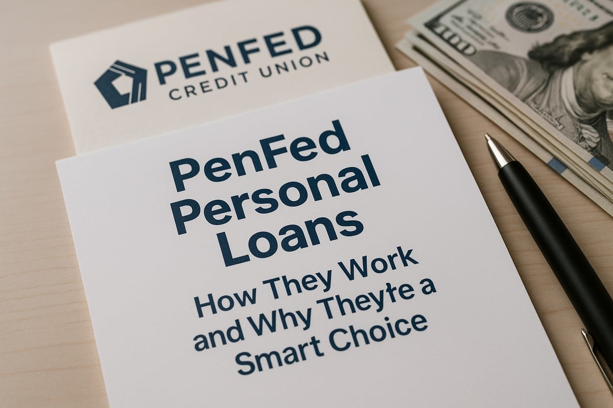 Photo showing a brochure titled “PenFed Personal Loans — How They Work and Why They’re a Smart Choice,” placed on a light wooden desk beside a black pen and a stack of hundred-dollar bills. The PenFed Credit Union logo appears on the top paper. The image represents financial planning, personal loans, and trust associated with PenFed personal loans.