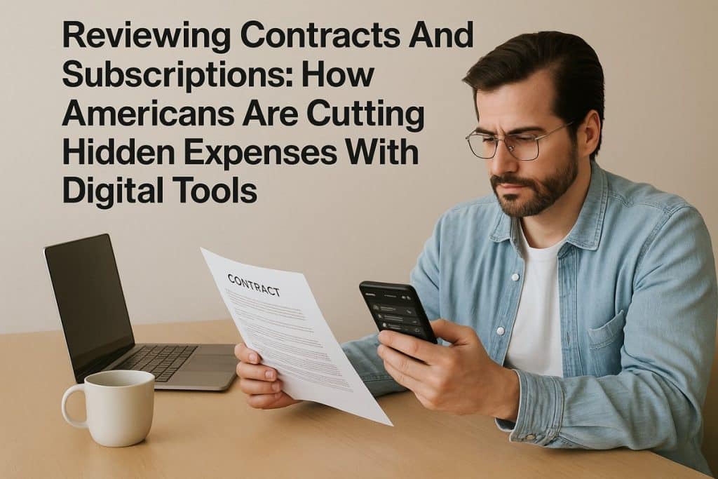 A man wearing glasses and a denim shirt sits at a desk holding a smartphone in one hand and a printed contract in the other. A laptop and a coffee mug are on the table. The background shows the headline “Reviewing Contracts And Subscriptions: How Americans Are Cutting Hidden Expenses With Digital Tools.” The scene illustrates someone analyzing personal finances using digital tools.