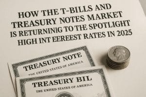 A flat lay composition featuring a printed page titled “How the T-Bills and Treasury Notes Market Is Returning the Spotlight With High Interest Rates in 2025,” accompanied by a metallic pen and an illustration of a Treasury bond with a portrait of Alexander Hamilton. The image conveys a professional financial theme focused on U.S. government securities and the impact of high interest rates.
