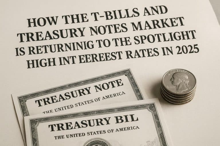 A flat lay composition featuring a printed page titled “How the T-Bills and Treasury Notes Market Is Returning the Spotlight With High Interest Rates in 2025,” accompanied by a metallic pen and an illustration of a Treasury bond with a portrait of Alexander Hamilton. The image conveys a professional financial theme focused on U.S. government securities and the impact of high interest rates.