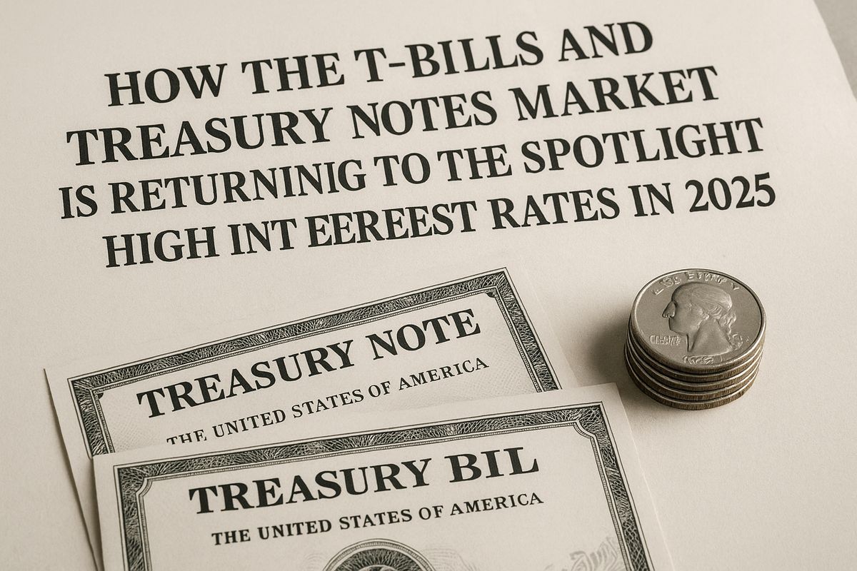 A flat lay composition featuring a printed page titled “How the T-Bills and Treasury Notes Market Is Returning the Spotlight With High Interest Rates in 2025,” accompanied by a metallic pen and an illustration of a Treasury bond with a portrait of Alexander Hamilton. The image conveys a professional financial theme focused on U.S. government securities and the impact of high interest rates.