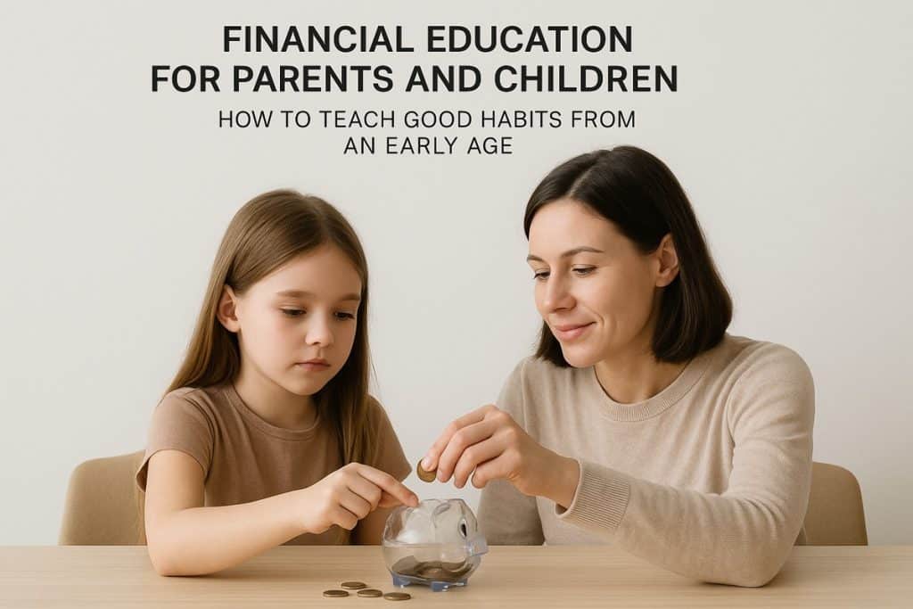 A woman and a young girl sit together at a wooden table, both smiling as they place coins into a transparent piggy bank. Several coins are laid out on the table. Above them, the text reads “Financial Education for Parents and Children: How to Teach Good Habits from an Early Age.” The image represents teaching children financial responsibility through saving habits.
