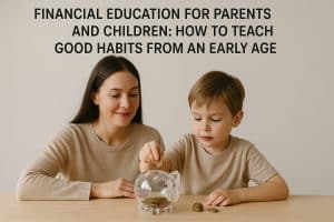 A woman and a young boy sit at a wooden table with a clear piggy bank filled with coins. The boy adds a coin while the woman smiles encouragingly. The background text reads “Financial Education for Parents and Children: How to Teach Good Habits from an Early Age.” The image conveys the importance of early financial education and family involvement in money management.