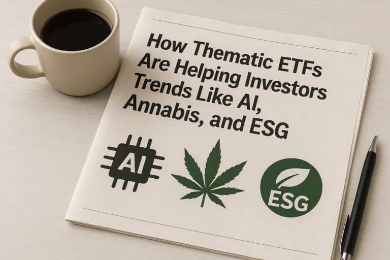 A newspaper-style document on a light wooden desk displays the headline “How Thematic ETFs Are Helping Investors Trends Like AI, Annabis, and ESG,” accompanied by three icons representing artificial intelligence, cannabis, and ESG investing. A beige coffee mug sits to the left and a black pen to the right, creating a workspace atmosphere focused on investiment and financial market trends.