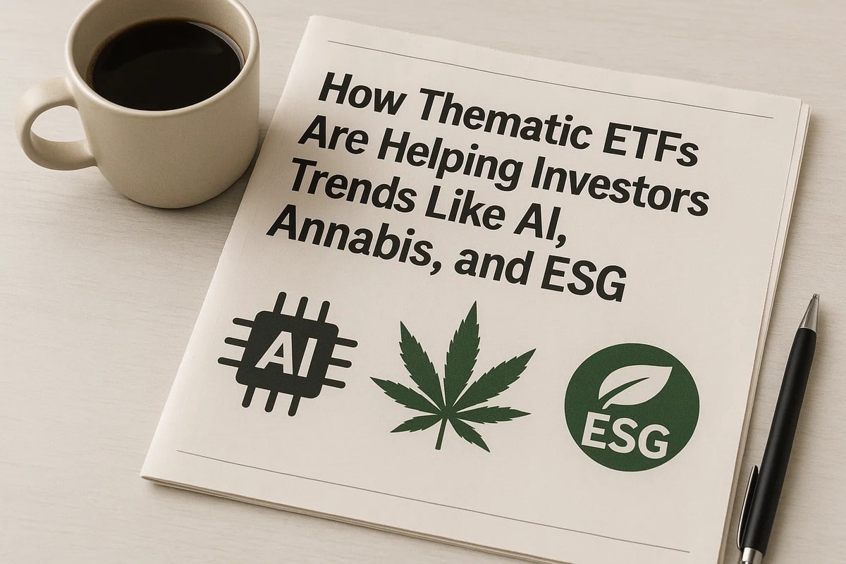A newspaper-style document on a light wooden desk displays the headline “How Thematic ETFs Are Helping Investors Trends Like AI, Annabis, and ESG,” accompanied by three icons representing artificial intelligence, cannabis, and ESG investing. A beige coffee mug sits to the left and a black pen to the right, creating a workspace atmosphere focused on investiment and financial market trends.